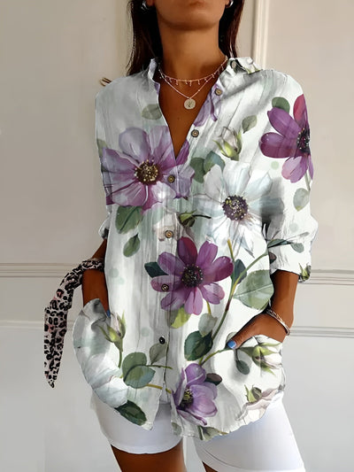 Sage Blossom™ Long Sleeve Floral Button-Up Shirt