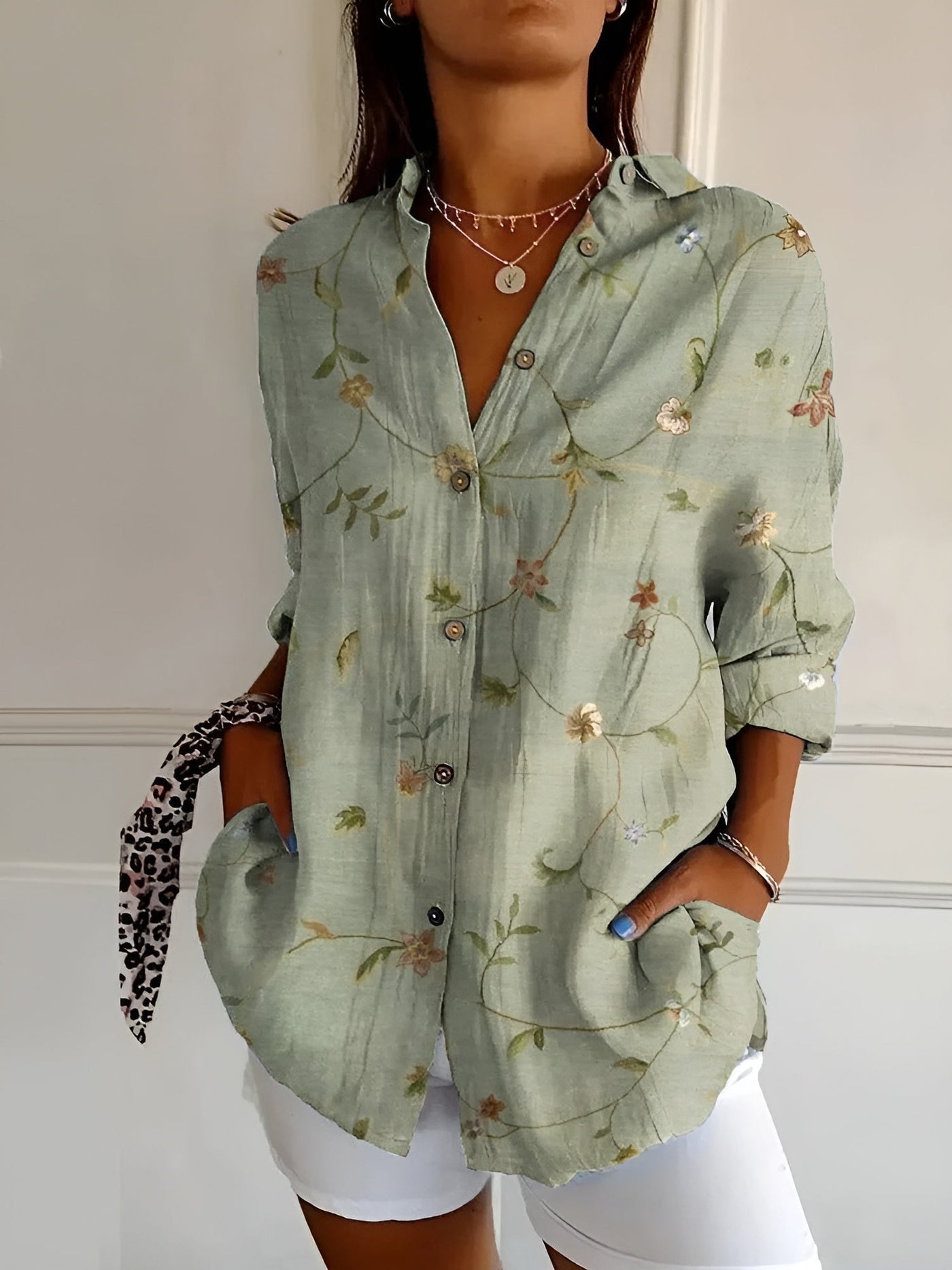 Sage Blossom™ Long Sleeve Floral Button-Up Shirt